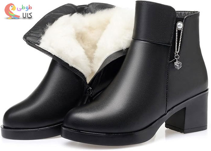 نیم بوت دخترانه چرم مشکی خزدار