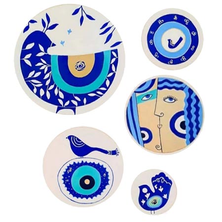 بشقاب دیوار کوب سفالی طرح چشم نظر و پرنده 5 عددی
