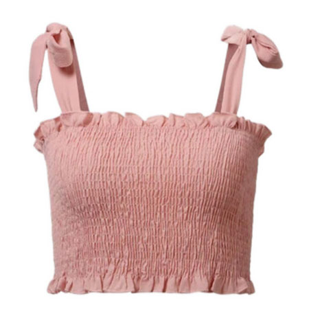 کراپ تاپ زنانه نخی مدل آندریا رنگ صورتی یقه دلبری بدون آستین