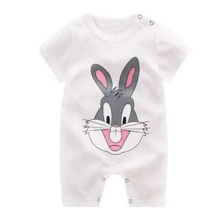 سرهمی نوزادی مدل خرگوش بازیگوش جنس پنبه دورو آستین کوتاه