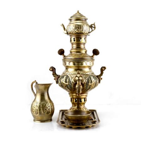 سرویس 7 پارچه سماور زغالی مهرگان مدل قلم آنتیک ظرفیت 1 لیتر