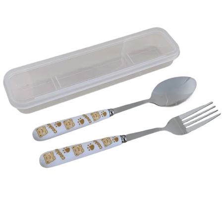 قاشق چنگال کودک مدل جعبه دار طرح خرس جنس پلاستیک و استیل