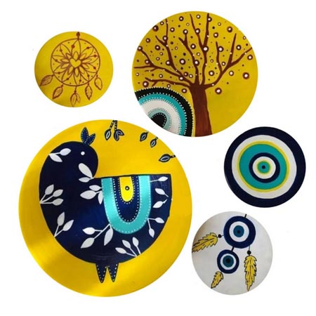 بشقاب دیوارکوب سفالی طرح چشم نظر فانتزی مجموعه 5 عددی