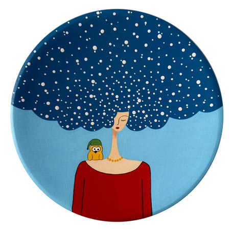 بشقاب دیوارکوب سفالی مدل دختر و پرنده