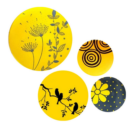 بشقاب دیوارکوب سفالی طرح قاصدک زمینه زرد مجموعه 4 عددی