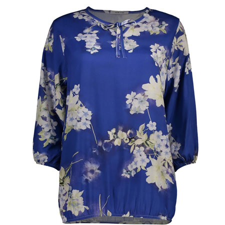 بلوز زنانه آستین سه ربع نخی رنگ آبی طرح گلدار