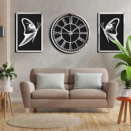 تابلو آینه النسی مدل پروانه بسته دو عددی به همراه ساعت
