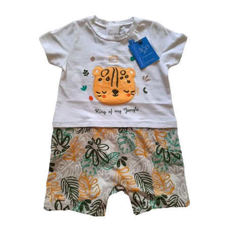 سرهمی شورتی نوزادی ایندیگو مدل رامپر جنس الیاف نخی