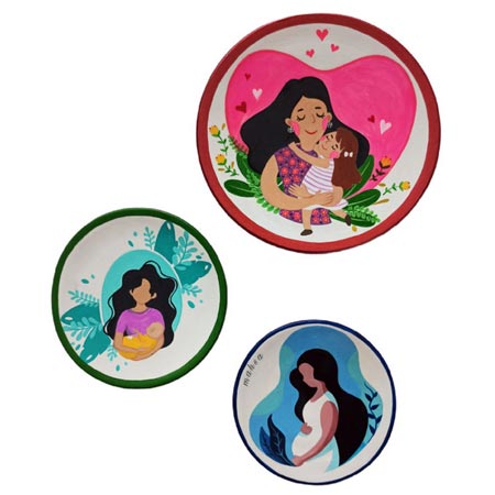 بشقاب دیوارکوب سفالی ماسالند مدل مادر دختری مجموعه 3 عددی