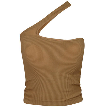 کراپ تاپ زنانه ماییلدا رنگ خردلی بدون آستین تک بندی جنس لاکرا