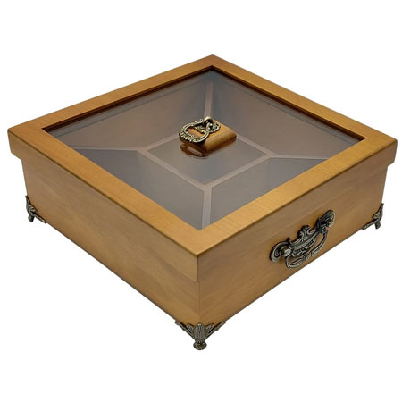 جعبه پذیرایی چوبی مربعی با درب شیشه ای و پایه فلزی برند اوک