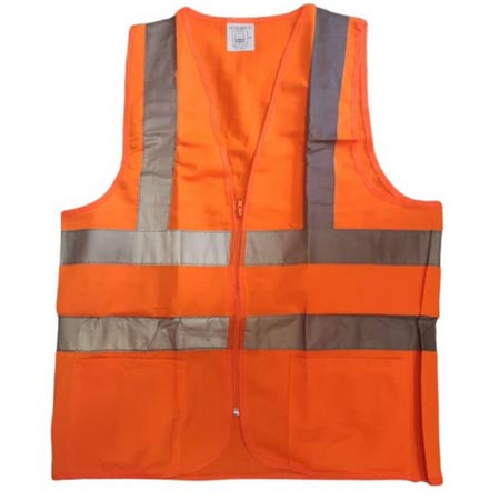 جلیقه ایمنی رنگ نارنجی با نوارهای طوسی مدل زیپ دار