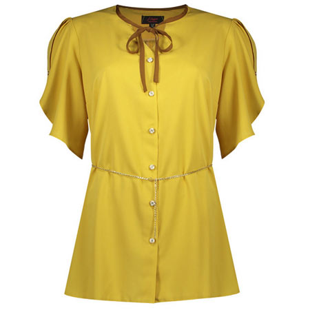 شومیز زنانه سپیدار رنگ خردلی جنس کرپ حریر آستین کوتاه