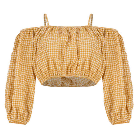 کراپ تاپ زنانه سرژه مدل سرشانه کش دار رنگ نارنجی یقه قایقی آستین بلند