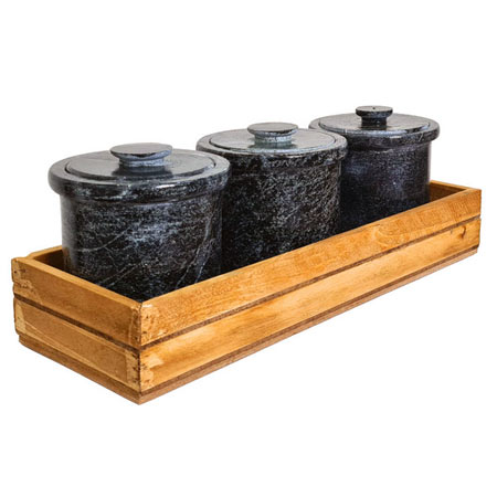 ست جا ادویه 3 پارچه سنگی با استند چوبی