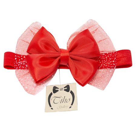 هدبند نوزادی مدل تیهو پاپیون تور دار قرمز رنگ