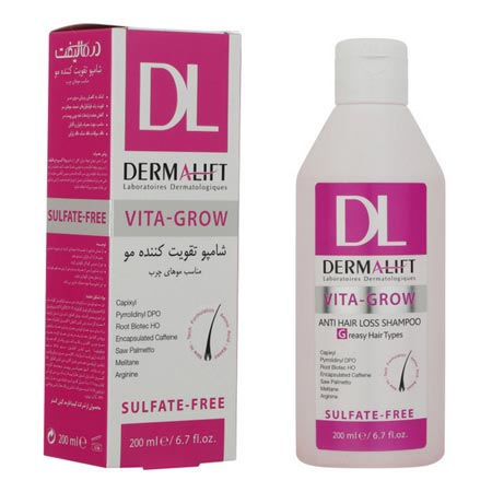 شامپو ضد ریزش و تقویت موهای چرب درمالیفت مدل Vita-Grow