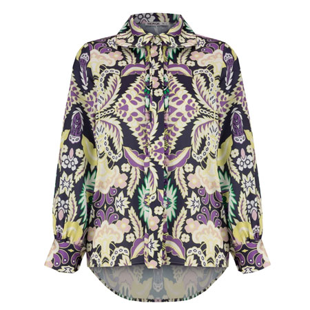 شومیز آستین بلند زنانه گل دار چاپی یقه BB بنفش جنس ساتن و سیلک