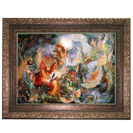 تابلو فرش ماشینی نقش و نگار رضوی طرح مینیاتور بافت کاشان جنس پلی استر