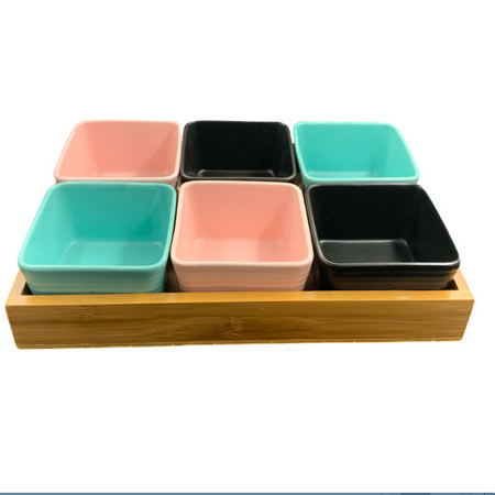 اردو خوری سرامیکی رنگارنگ 6 ظرفی با استند چوبی