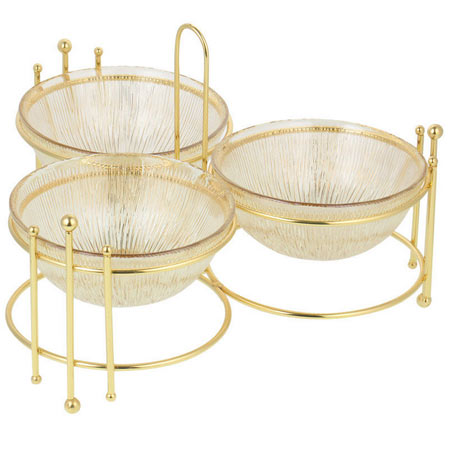 اردوخوری بلوری با استند فلزی طلایی سه ظرفی